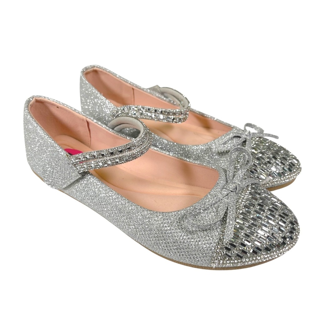 Link 4 Silver Mary Jane Flats Rhinestone Bow Glitter Sparkly Princesscore Glam